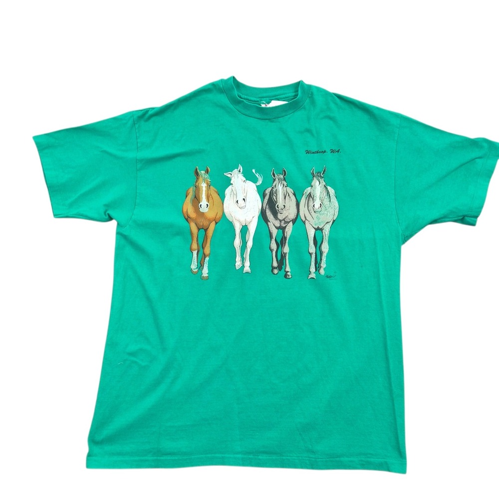 Vintage Hanes Beefy-T Horse‎ Graphic T-Shirt XL Green Winthrop WA Single Stitch